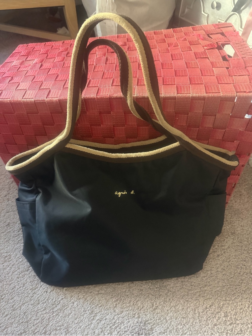 Agnes B. Black Tote with Tan Trim and Handles